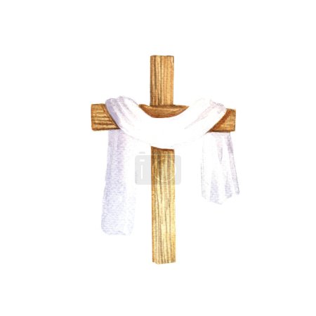 Photo for Watercolor wooden cross with veil. Ideal for cards, prints, sovereign and printed products. - Royalty Free Image