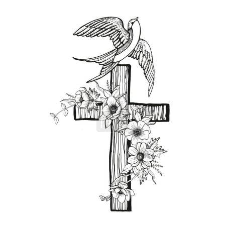 Illustration for Vintage spring flowers and bird cross. Vector illustration. Manual graphics. - Royalty Free Image