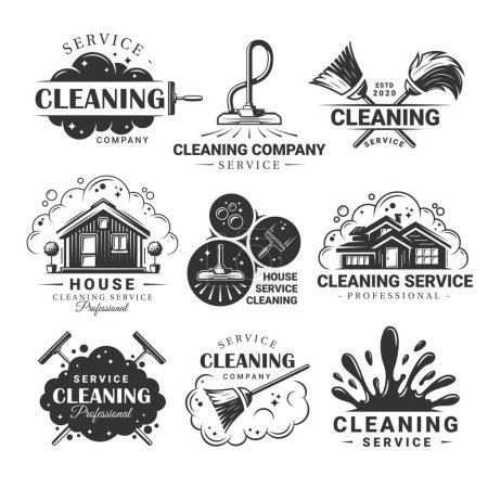 Set von Etiketten für Reinigungsdienstleistungen. Plakate, Briefmarken, Banner und Gestaltungselemente. Vektorillustration