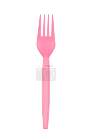 Foto de Primer plano de un colorido tenedor rosa de plástico aislado sobre un fondo blanco - Imagen libre de derechos