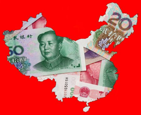 Téléchargez les photos : A map of China using the Chinese RMB on a red background - en image libre de droit