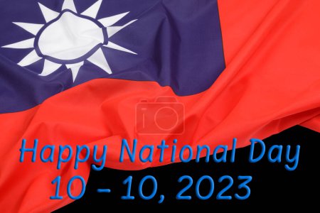 Photo for Close up of the offical Taiwan Flag with black  background reading Happy National Day - Royalty Free Image