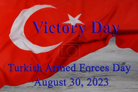 Foto de Close up of the offical flay of Turkey with white background reading Victory Day - Imagen libre de derechos