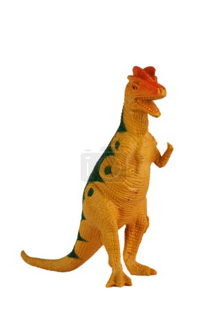 Foto de Toy Allosaurus dinosuar que vivió durante el período jurásico aislado sobre un fondo blanco con espacio de copia - Imagen libre de derechos