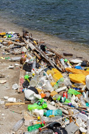 Foto de Manila Bay, Filipinas, 5 de junio de 2023 Botellas de plástico de basura en las playas de Manila Bay en Filipinas - Imagen libre de derechos