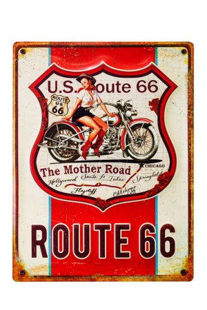 Foto de Carteles metálicos Vintage Route 66 aislados sobre fondo blanco con espacio para copias - Imagen libre de derechos