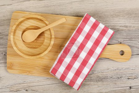 Photo for Flat lay of Wooden Cutting Board with kitchen utensils and copy space - Royalty Free Image