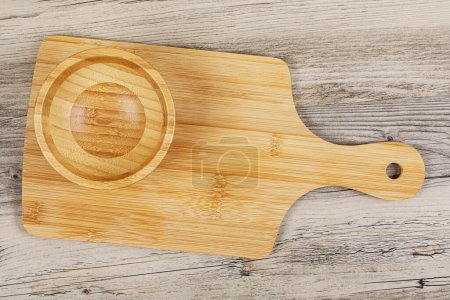 Photo for Flat lay of Wooden Cutting Board with kitchen utensils and copy space - Royalty Free Image