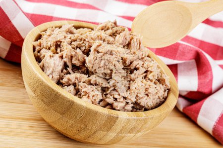 Photo for Wooden bowl of delicious chunks of Tuna a great part of a Keto Diet isolated with copy space - Royalty Free Image