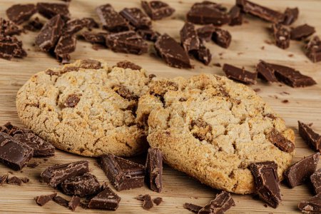 Photo for Delicious Chocolate Chip Cookies on a wooden background with copy space - Royalty Free Image