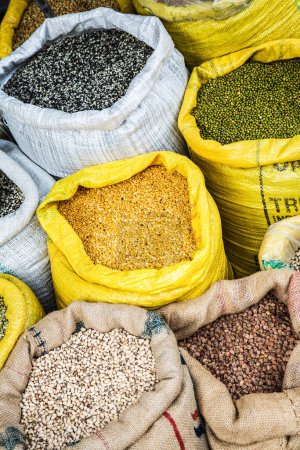 Photo for Grains for sale in one of many outdoor markets in Kathmandu, Nepal, South Asia - Royalty Free Image