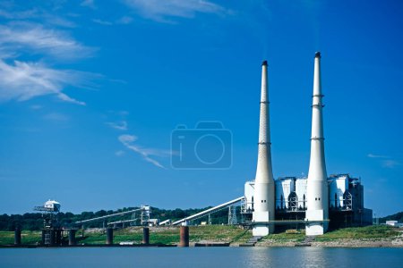 Photo for Coal Powered Electric Plant along the Ohio River, USA, North America with copy space - Royalty Free Image