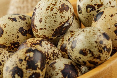 Photo for A Wooden Bowl of delicious Quail Eggs isolated on wooden background with copy space - Royalty Free Image