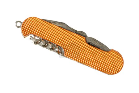 Téléchargez les photos : Gros plan d'un couteau de poche orange isolé sur un fond blanc avec espace de copie - en image libre de droit