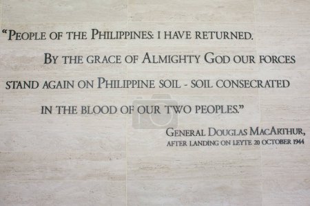 Foto de Manila, Filipinas, 8 de octubre de 2023 Las palabras del General Douglas MacArthur a su regreso a Filipinas el 20 de octubre de 1944, Manila American Cemetery, Sudeste Asiático con espacio para copias - Imagen libre de derechos