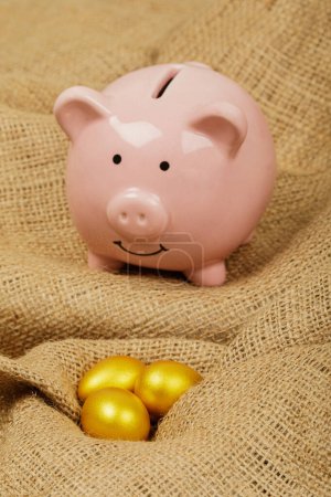Foto de Primer plano de los huevos de oro que representan, riqueza, jubilación, ahorros, etc con espacio de copia - Imagen libre de derechos