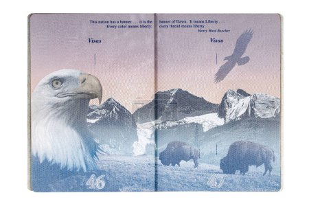 Téléchargez les photos : Passeport américain avec timbres de sortie et d'entrée isolés sur fond blanc avec espace de copie - en image libre de droit