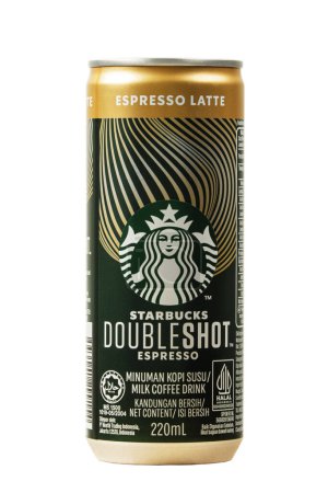 Foto de Primer plano de una lata de delicioso Starbucks Doubleshot Espresso aislado sobre fondo blanco con espacio para copiar - Imagen libre de derechos