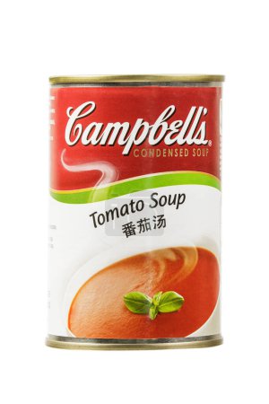 Photo for Close up of a can of delicious Campell's Tomato Soup isolated on a white background with copy space China, East Asia - Royalty Free Image