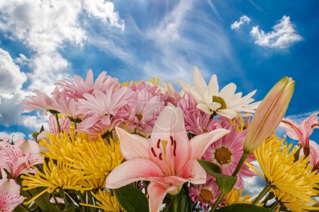 Foto de Bodegón de un ramo de flores con un hermoso fondo de cielo y espacio de copia - Imagen libre de derechos