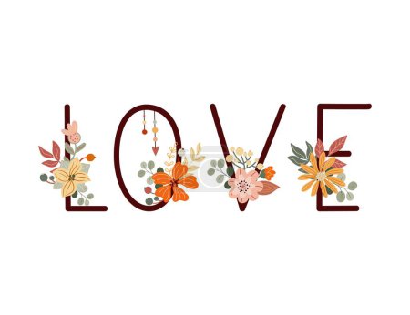 Liebe Valentinstag Typografie Text-Design mit Blumen dekoriert. Florales Hochzeitskonzept. Bunte Vektorillustration. Flacher Cartoon-Stil. Boho Blumensträuße