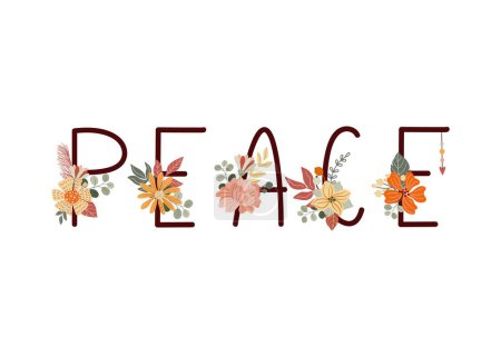 Illustration for PEACE typography text design decorated with flowers. Floral card concept. Colorful vector illustration. Flat cartoon style. Lettering with boho flowers bouquets. Vector illustration - Royalty Free Image