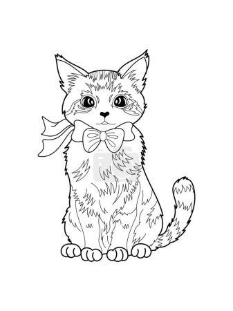 Coloriage contour de dessin animé chat. Chaton mignon avec ruban. Pet. Livre à colorier pour enfants. Illustration vectorielle.