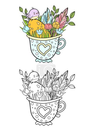 Coloring book for kids and adults.Spring flowers, cutie bird and feathers in the cup. Colored and colorless illustration. Vector illustration