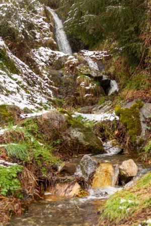 Foto de Cascada en el bosque de un pintoresco pueblo nevado en la provincia española de Len, llamado Colinas del Campo - Imagen libre de derechos