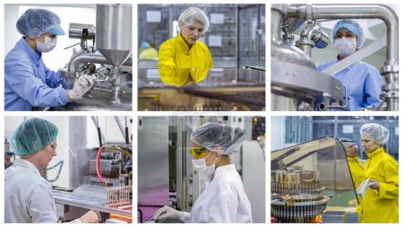 Pharmaceutical Industry Workers - Photo Collage. Ampule Medications, Vaccine and Pill Manufacturing. Pharmaceutical Production Line Workers At Work. The Development of New Medicines.