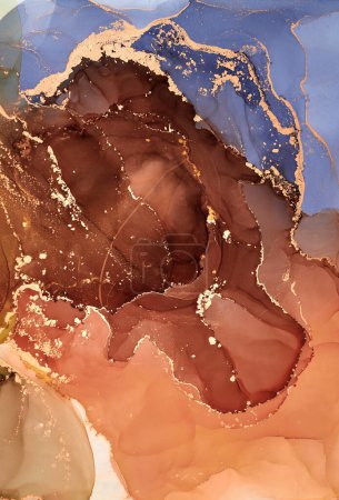 Natürliche luxuriöse abstrakte Fluidmalerei in Alkohol-Tusche-Technik. Zarte und verträumte Tapeten. Farbmischung, die transparente Wellen und goldene Wirbel erzeugt. Für Plakate, andere Druckerzeugnisse