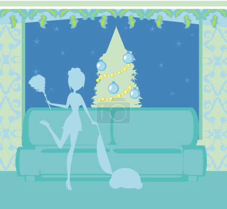 Téléchargez les photos : Belle femme au foyer nettoie le salon avant Noël - en image libre de droit