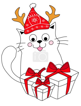 Téléchargez les photos : Joyeux Noël carte avec chat mignon dans un chapeau de Père Noël avec cornes de rennes illustration doodle - en image libre de droit