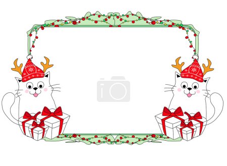 Téléchargez les photos : Joyeux Noël carte avec des chats mignons dans un chapeau de Père Noël avec cornes de renne illustration doodle, cadre décoratif - en image libre de droit