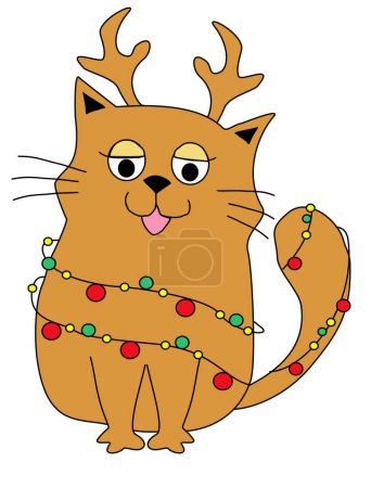 Téléchargez les photos : Joyeux Noël carte avec chat mignon avec cornes de rennes et lumières de sapin de Noël illustration isolée - en image libre de droit