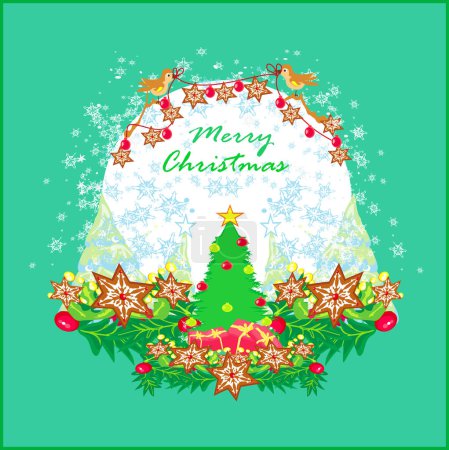 Téléchargez les photos : Carte de Noël avec oiseaux et arbres de Noël décoratifs - en image libre de droit