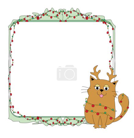 Téléchargez les photos : Joyeux cadre de Noël avec chat mignon avec cornes de rennes et lumières de sapin de Noël illustration doodle - en image libre de droit