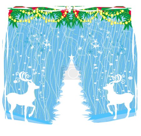 Téléchargez les photos : Joyeux Noël carte avec flocons de neige et rennes - cadre avec place pour votre texte - en image libre de droit