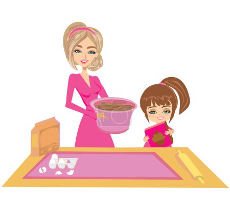 Téléchargez les photos : Fille heureuse aidant sa mère à cuire des biscuits - en image libre de droit