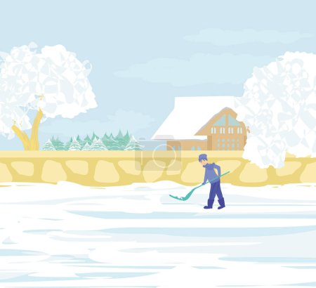 Illustration for Man shoveling snow on a beautiful winter day - Royalty Free Image