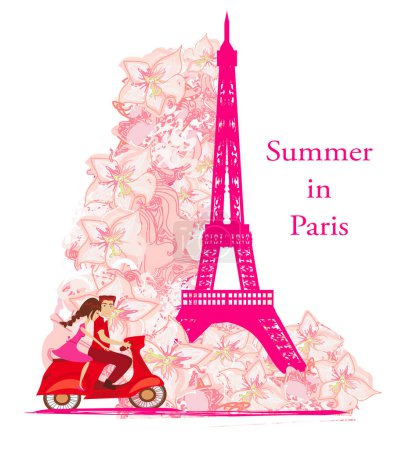 Téléchargez les photos : Decorative floral banner - couple on vacation in Paris - en image libre de droit