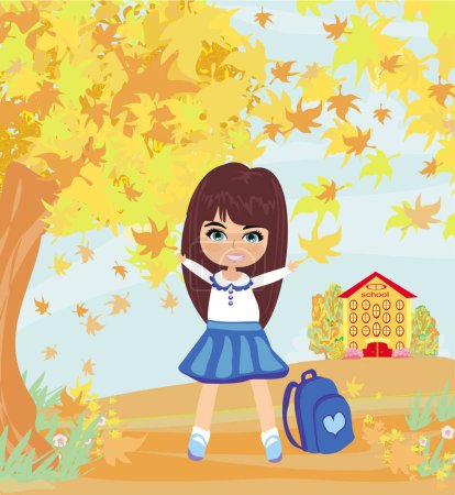 Téléchargez les photos : Heureuse petite fille retournant à l'école en automne - en image libre de droit