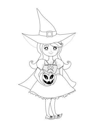 Téléchargez les photos : Douce sorcière debout avec citrouille caractère isolé, livre à colorier - en image libre de droit