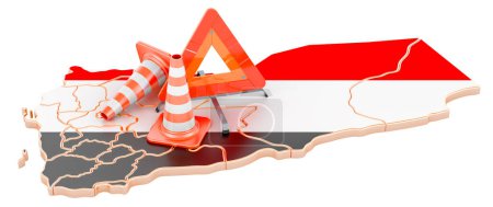 Téléchargez les photos : Carte yéménite avec cônes de circulation et triangle d'avertissement, rendu 3D isolé sur fond blanc - en image libre de droit