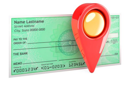 Photo for Bank check with map pointer, 3D rendering isolated on white background - Royalty Free Image