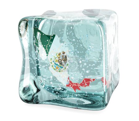 Mexican map frozen in ice cube, 3D rendering isolated on white background