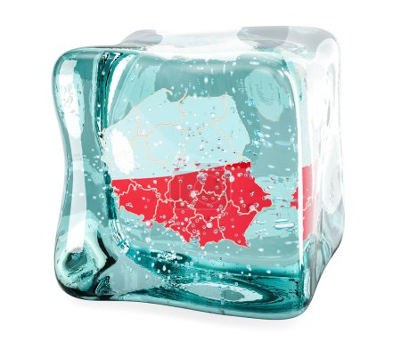 Téléchargez les photos : Carte polonaise congelée dans un glaçon, rendu 3D isolé sur fond blanc - en image libre de droit