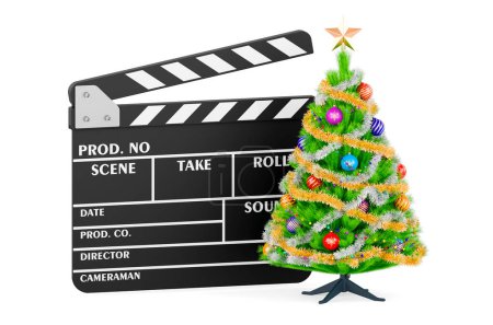 Téléchargez les photos : Clapperboard avec sapin de Noël. Concept de films de Noël. rendu 3D isolé sur fond blanc - en image libre de droit