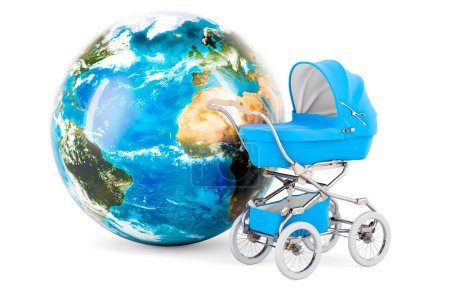 Photo for Baby pram with Earth Globe. Population and birth rate of people on the Earth concept, 3D rendering isolated on white background - Royalty Free Image