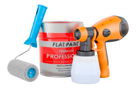 Photo for Paint can with roller brush and electric paint spray gun, 3D rendering isolated on white background - Royalty Free Image